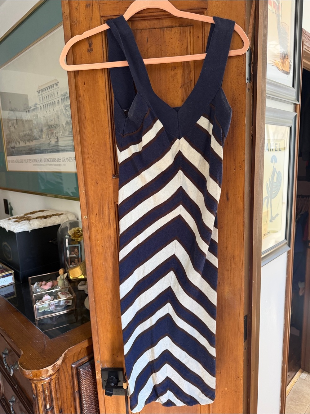Milly Navy and Ivory Chevron Midi Dress